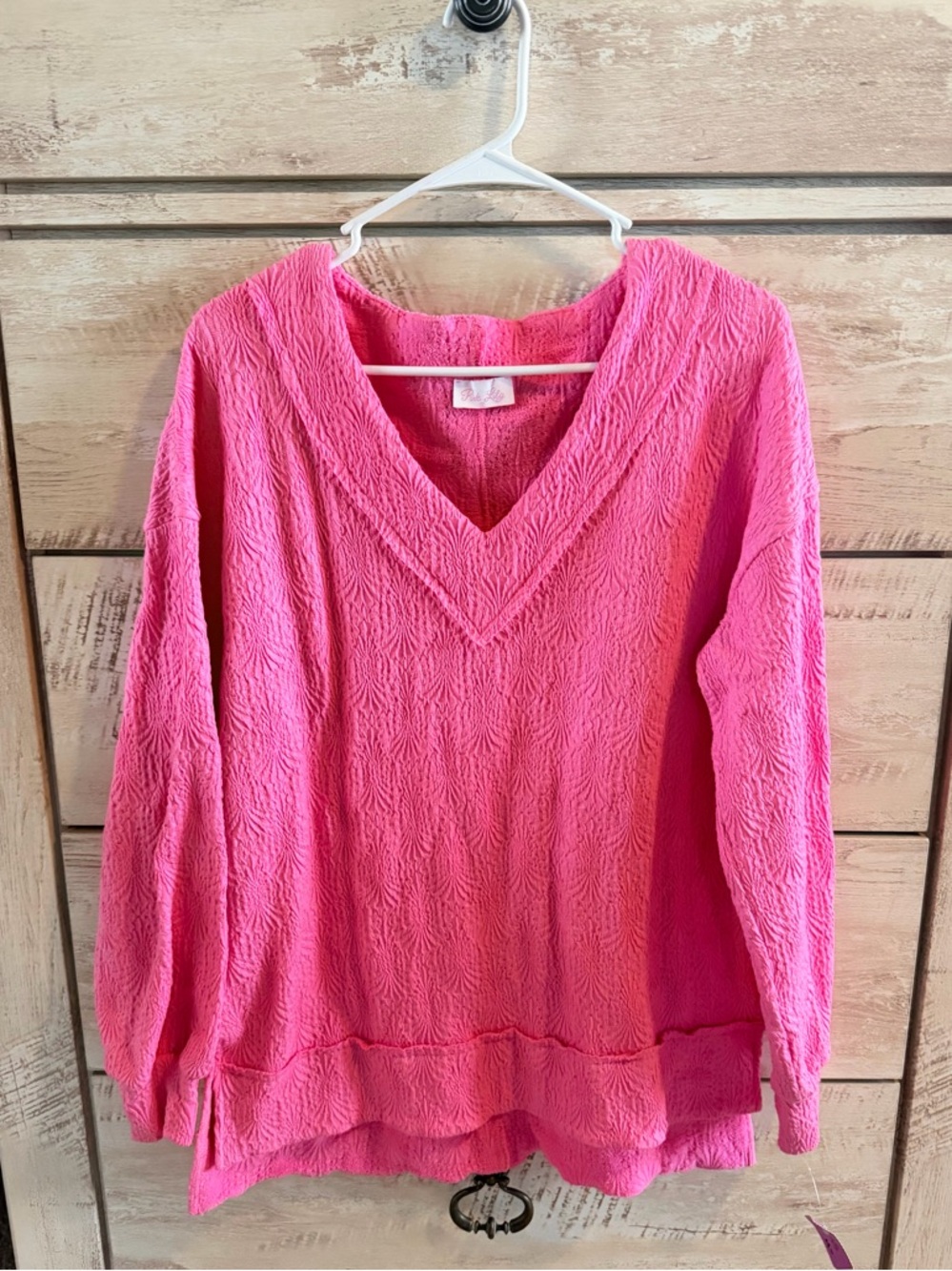 Pink Lily | Pink V-Neck Textured Women's Sweater Small